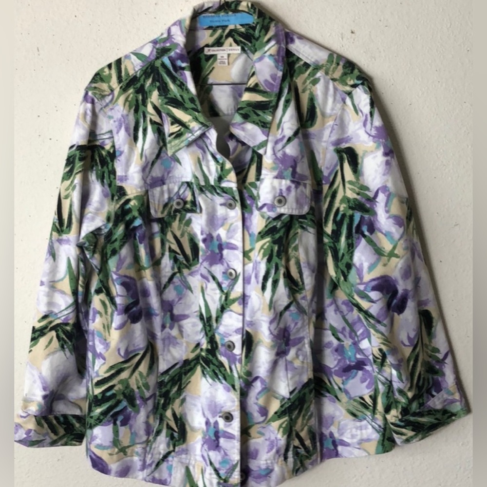 JM COLLECTION Women's Purple Green Floral Denim Jacket Pockets Long Slee…